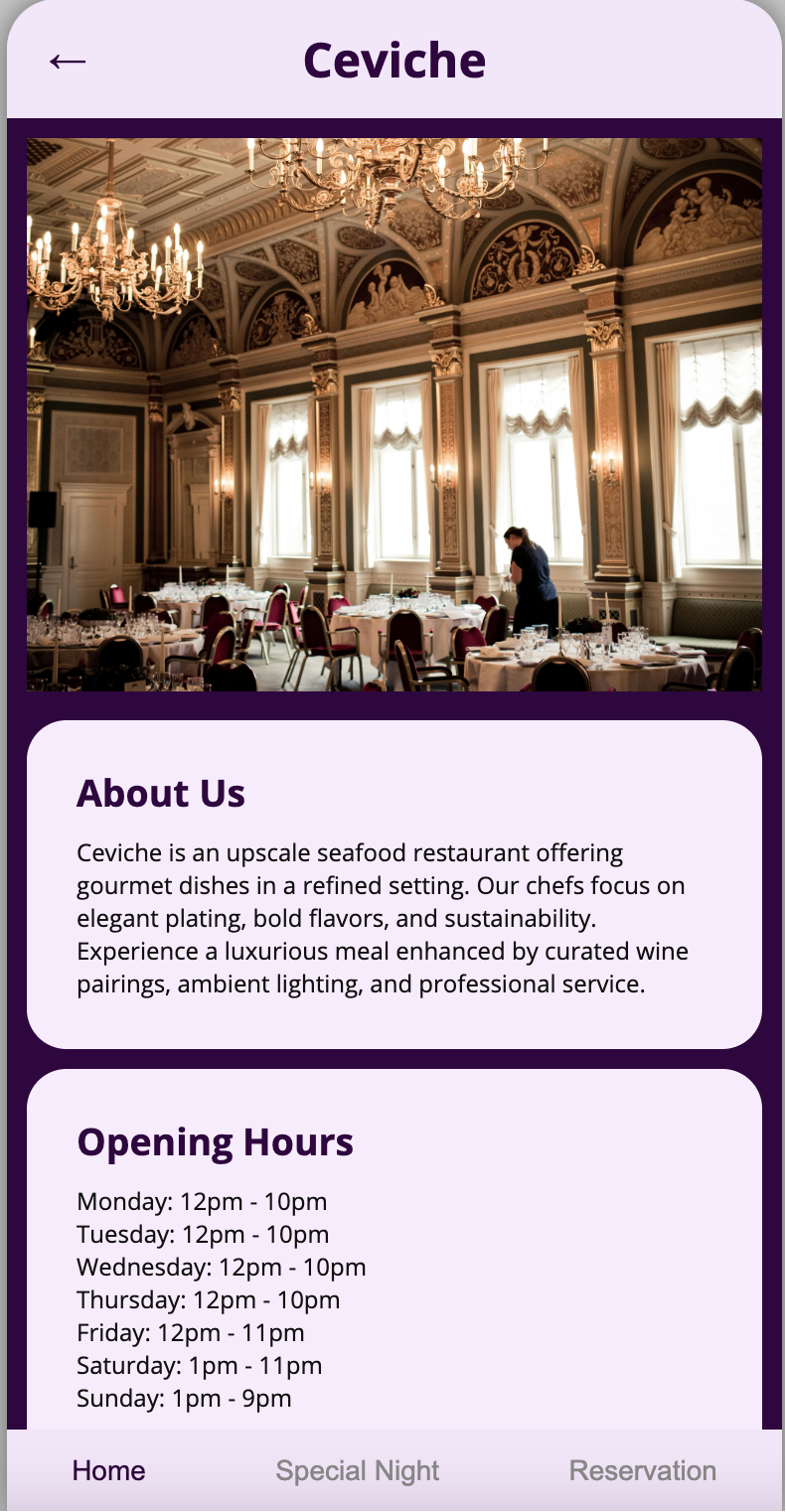 Family of Eateries prototype restaurant detail screen